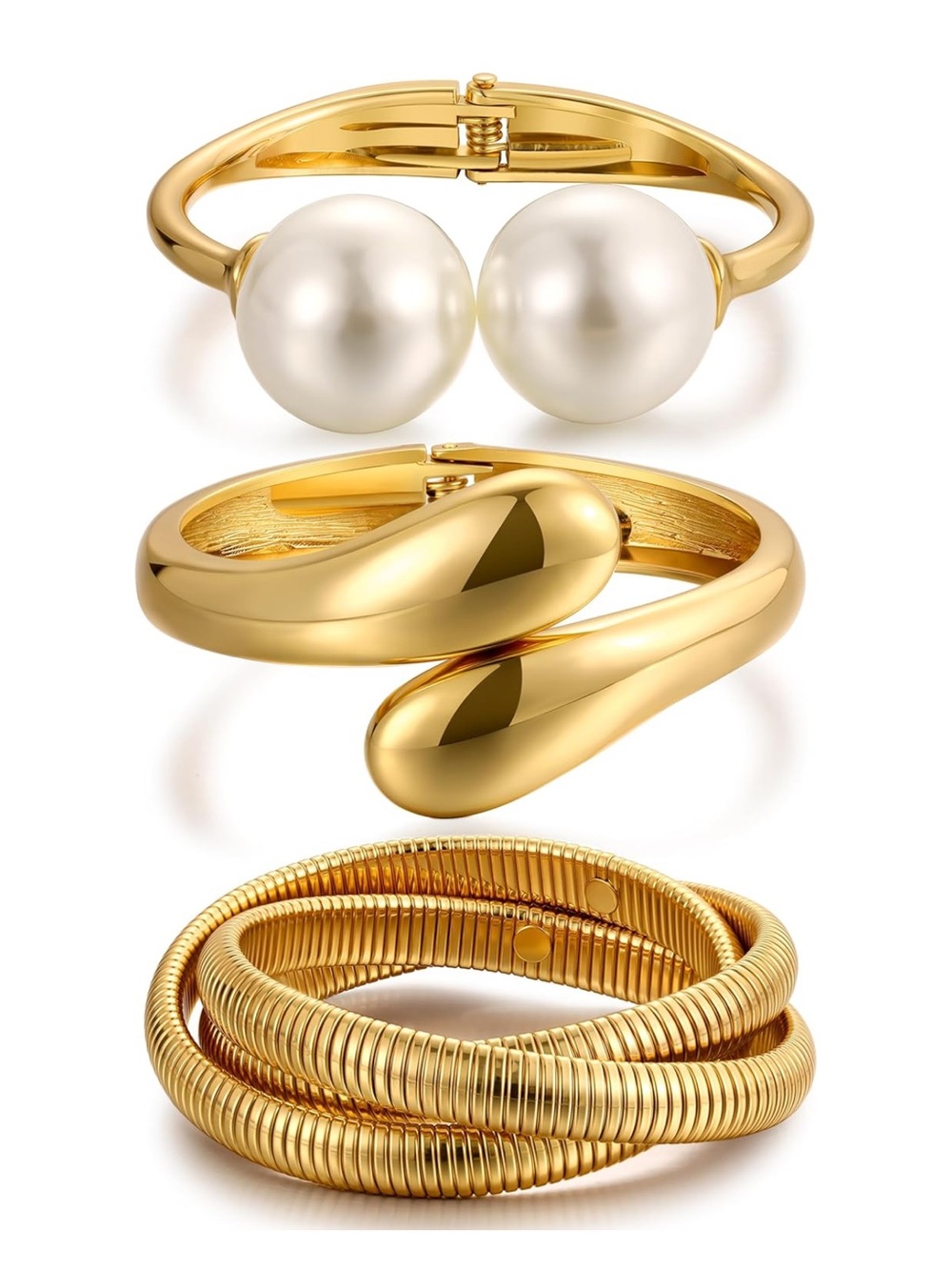 3PC Luxury Gold Bangle Bracelet Set | Pearl Cuff & Snake Coil Stack | Statement